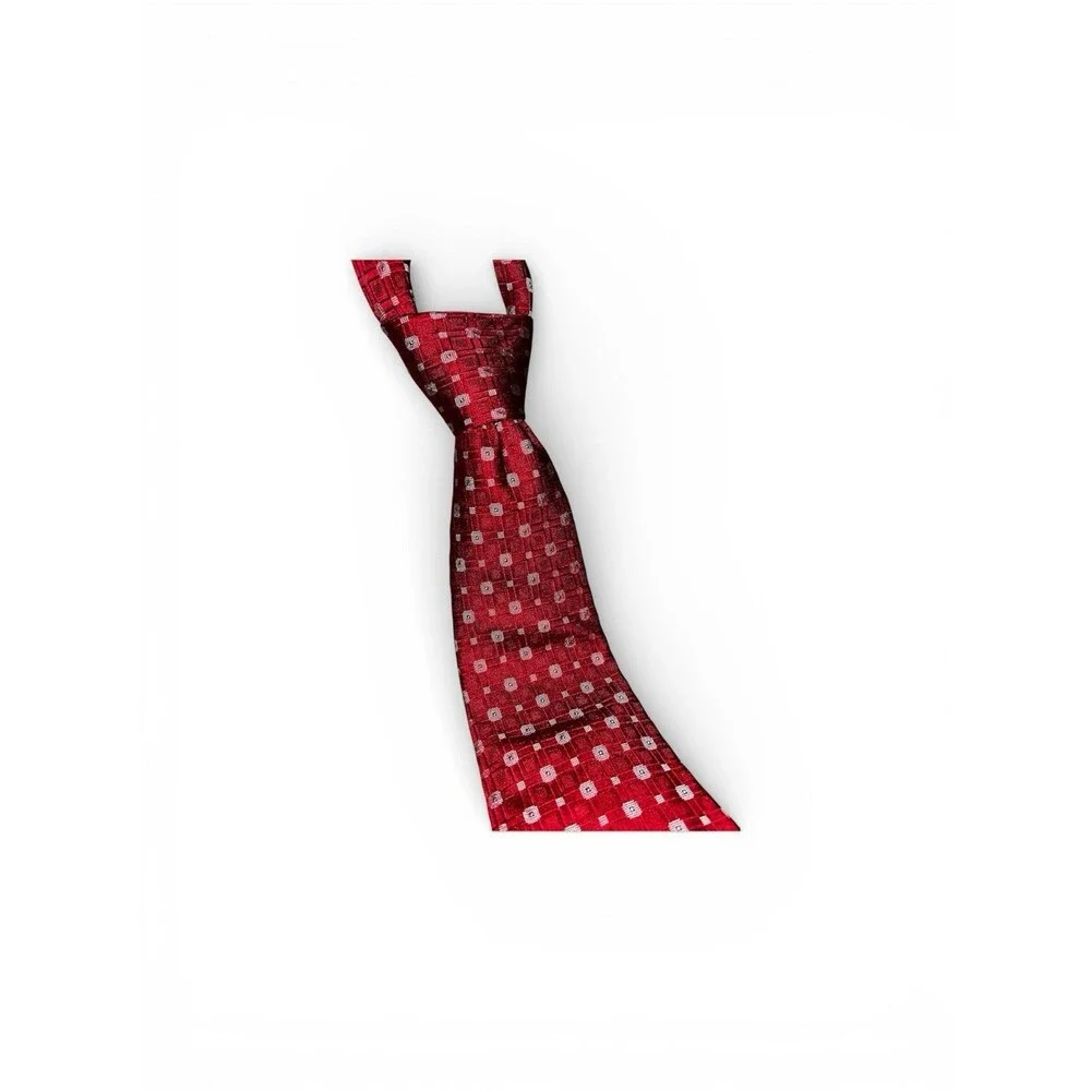 Valentino 100% Silk Tie Red White Geometric Square Grid Italy Classic Luxury - Picture 2 of 5